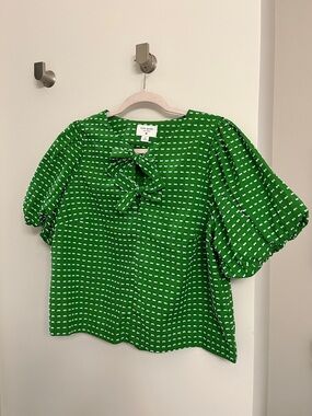 kate spade Green Puff-Sleeve Bow Tie Blouse